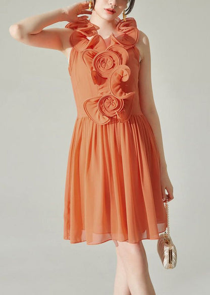 New Orange Wrinkled Chiffon Mid Dress Sleeveless