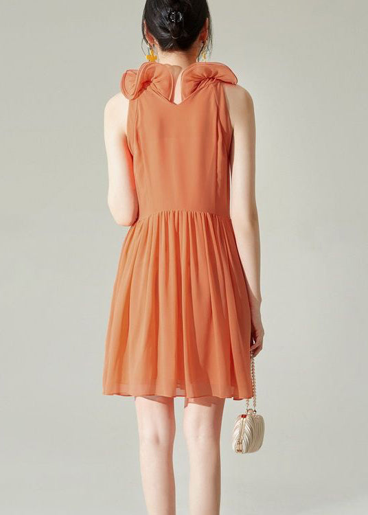 New Orange Wrinkled Chiffon Mid Dress Sleeveless
