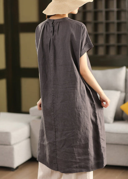 New Pink Button Pockets Side Open Linen Summer Dress