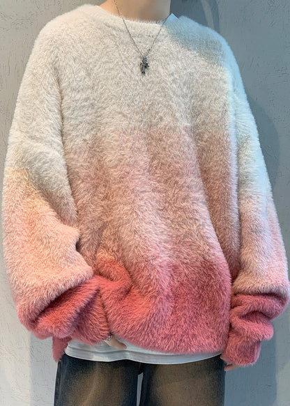 New Pink Gradient Color Thick Mink Hair Knitted Sweaters Fall