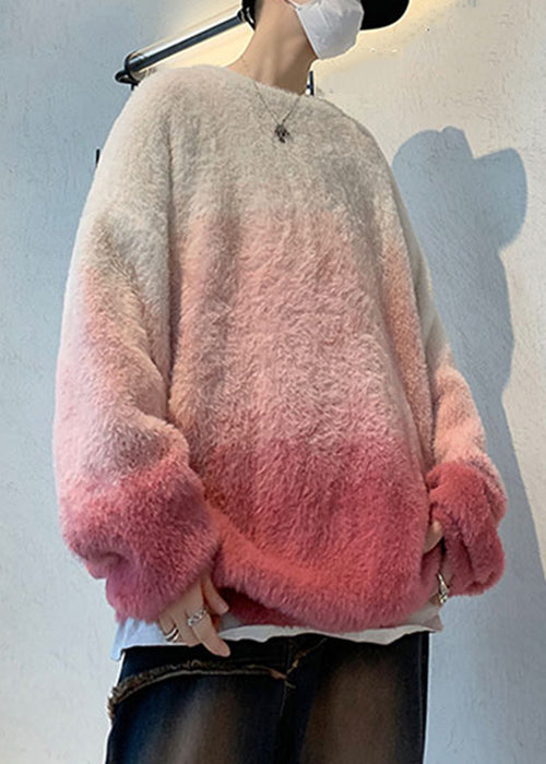 New Pink Gradient Color Thick Mink Hair Knitted Sweaters Fall