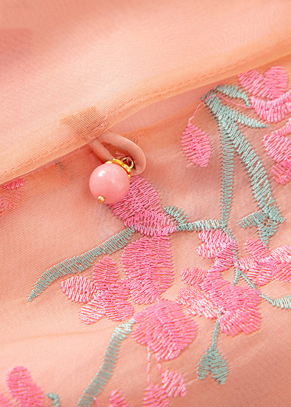 New Pink O-neck Embroidered Button Silk Waistcoat Sleeveless