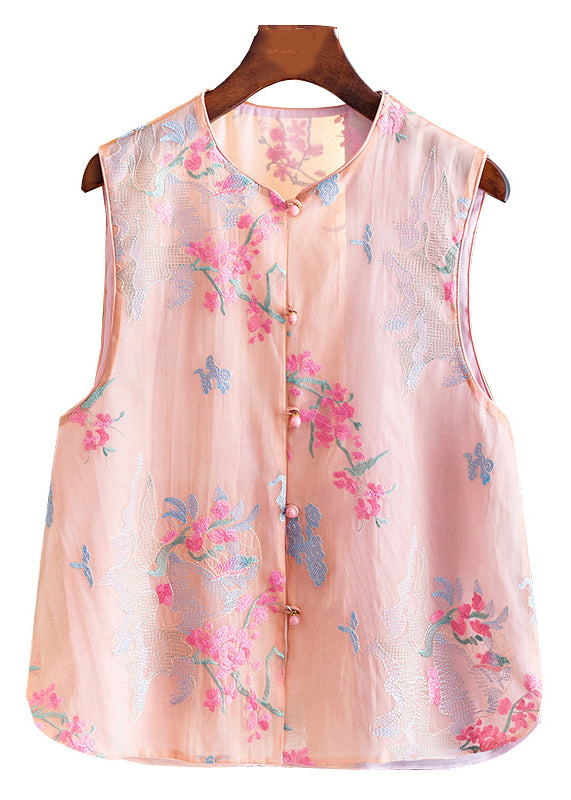 New Pink O-neck Embroidered Button Silk Waistcoat Sleeveless