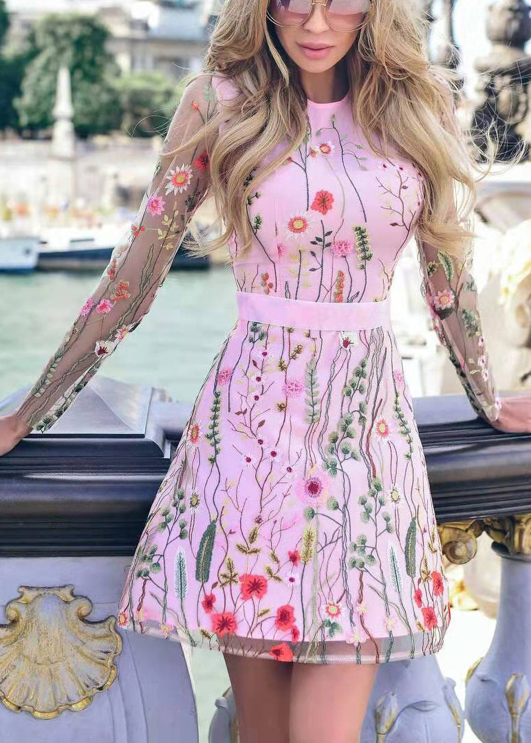 New Pink O-neck Embroidered Tulle Mid Dress Long Sleeve