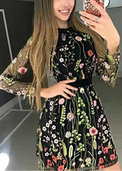 New Pink O-neck Embroidered Tulle Mid Dress Long Sleeve