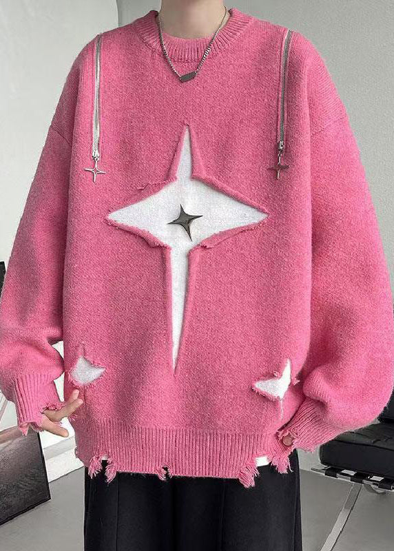 New Pink O Neck Hole Cozy Knit Sweater Fall