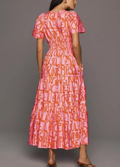 New Pink Print Elastic Waist Cotton Long Dress Summer