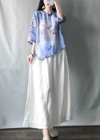 New Pink Print Tops and Yellow Wide Leg Pants Cotton Two-piece Set Half Sleeve