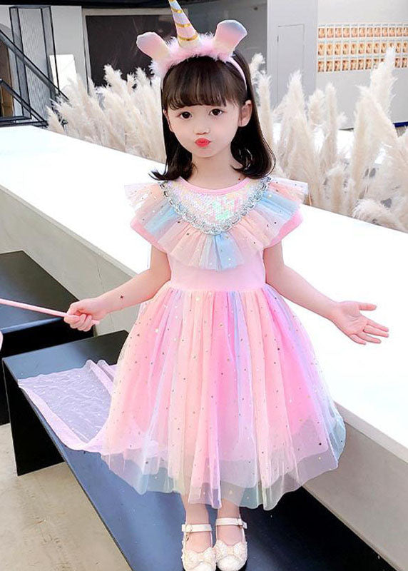 New Pink Sequins Wrinkled Patchwork Tulle Kids Rainbow Dress Summer