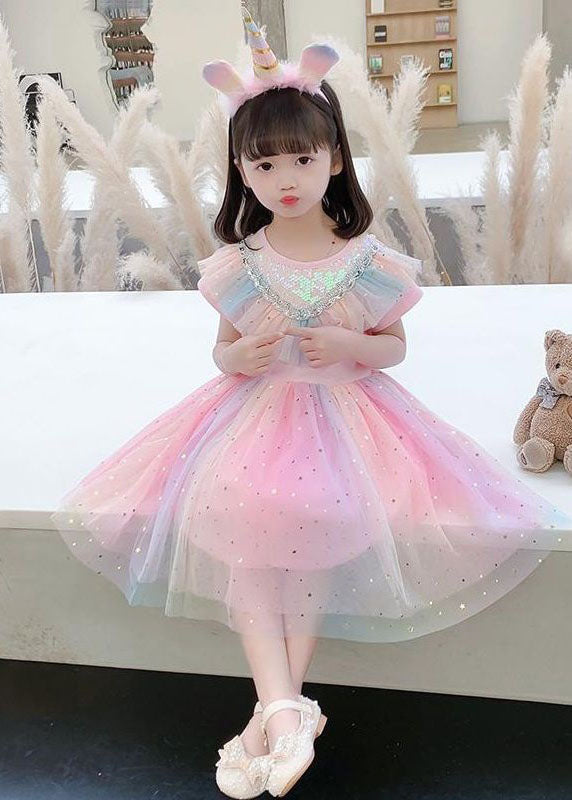 New Pink Sequins Wrinkled Patchwork Tulle Kids Rainbow Dress Summer
