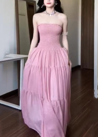 New Pink Strapless Cotton Long Dress Sleeveless