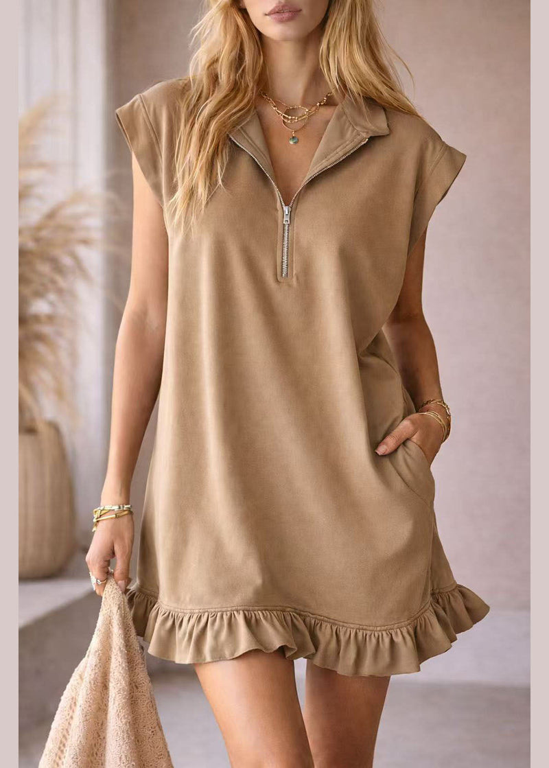 New Pink Zip Up Ruffled Patchwork Cotton Dresses Summer