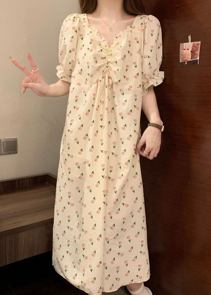 New Print Wrinkled Cotton Pajamas Long Dress Butterfly Sleeve
