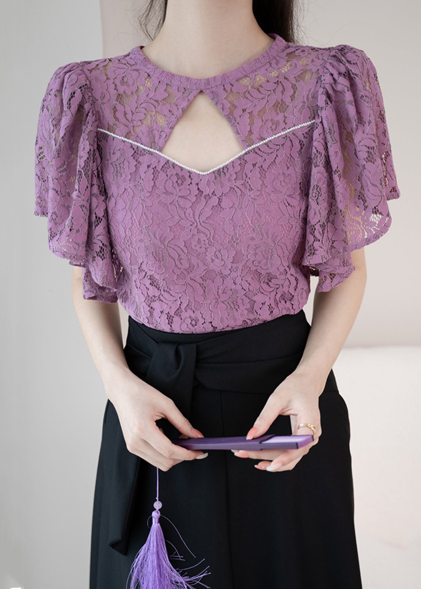 New Purple O-neck Hollow Out Lace Shirt Summer