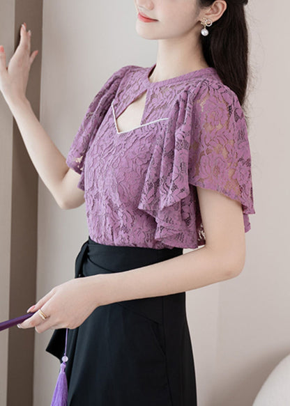 New Purple O-neck Hollow Out Lace Shirt Summer