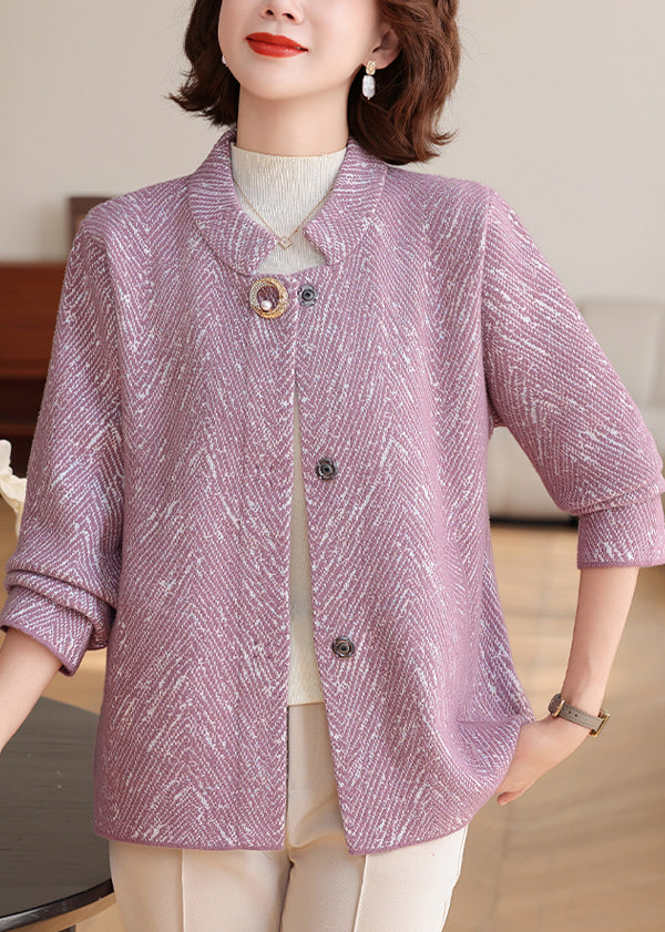 New Purple O-neck Patchwork Knit Cardigan Spring