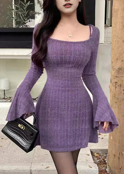 New Purple O-neck Knit Mid Dress Flare Sleeve