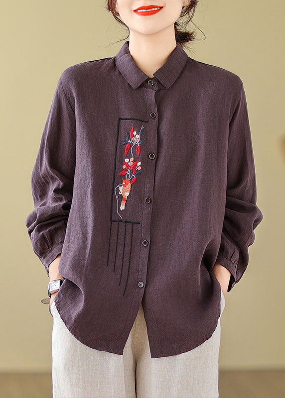 New Purple Embroidered Cotton Blouses Long Sleeve