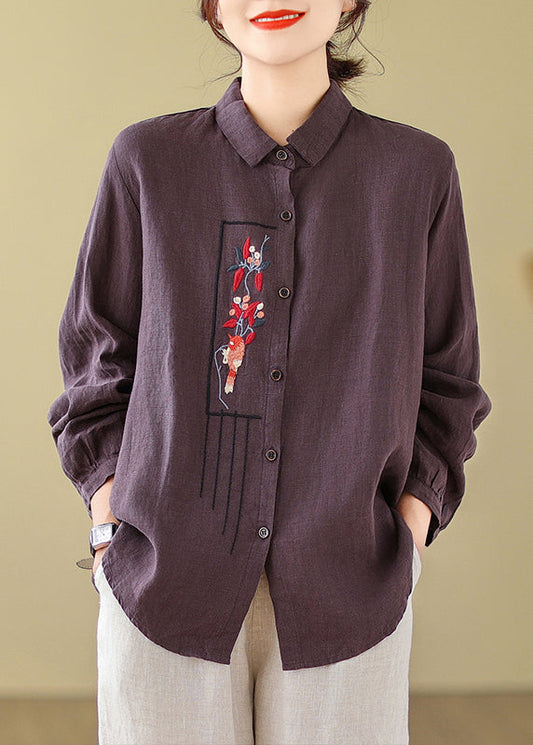 New Purple Embroidered Cotton Blouses Long Sleeve