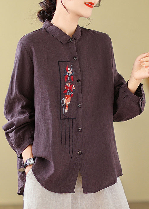 New Purple Embroidered Cotton Blouses Long Sleeve