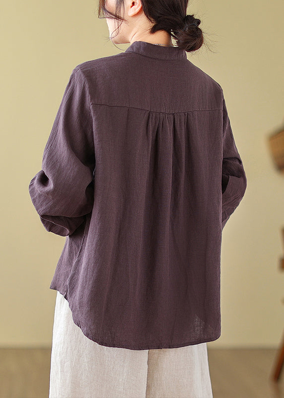 New Purple Embroidered Cotton Blouses Long Sleeve