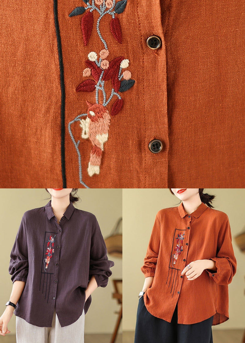 New Purple Embroidered Cotton Blouses Long Sleeve