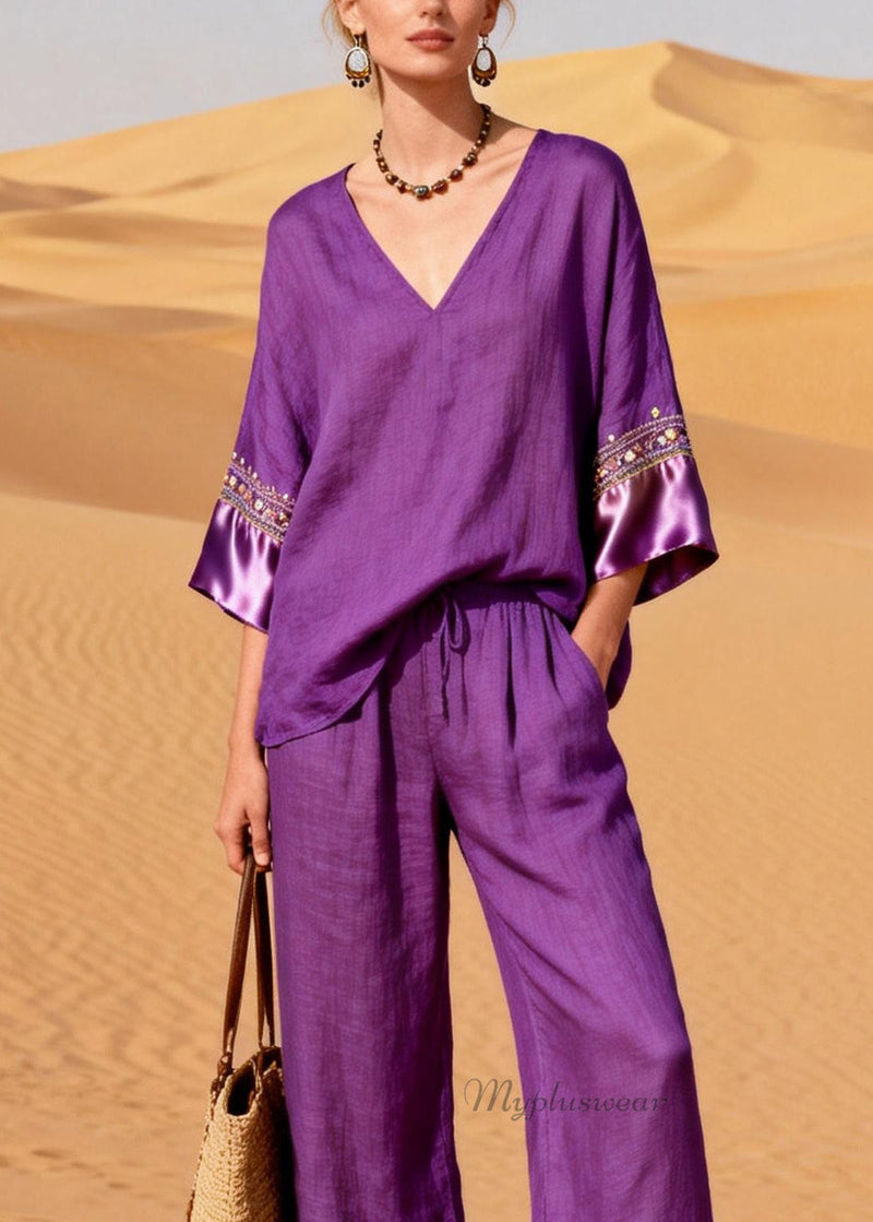 New Purple V Neck Silk Patchwork Linen Two Piece Suit Set Summer