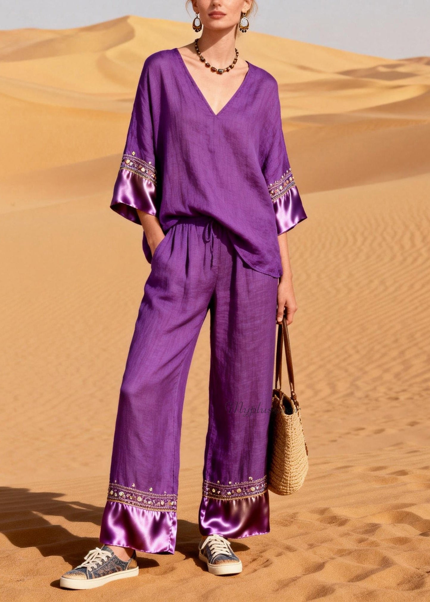 New Purple V Neck Silk Patchwork Linen Two Piece Suit Set Summer