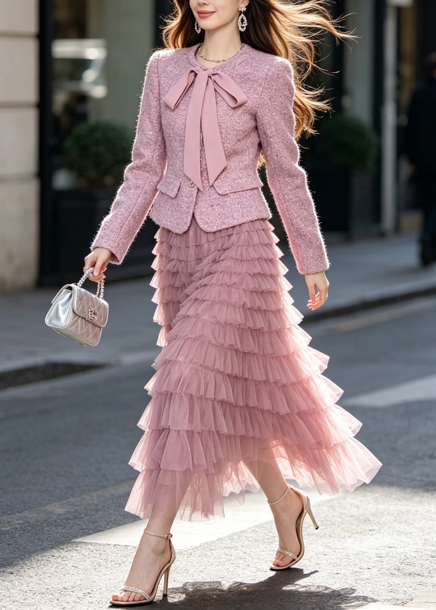 New Purple Woolen Coat and Tulle Ruffled Skirts Sets 2 Pieces Fall