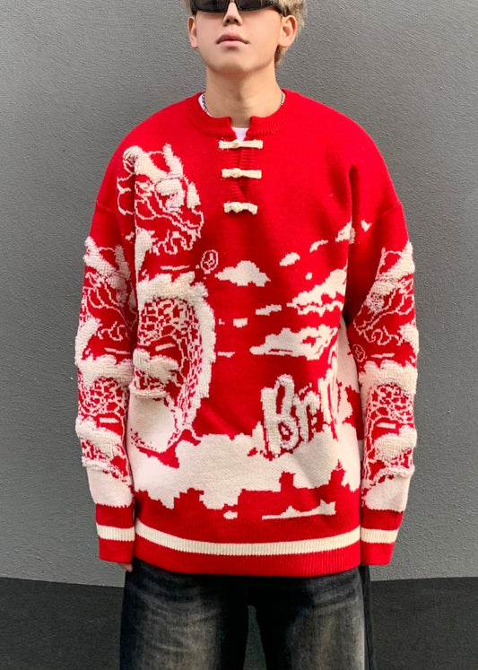 New Red Button Patchwork Knit Sweaters Spring
