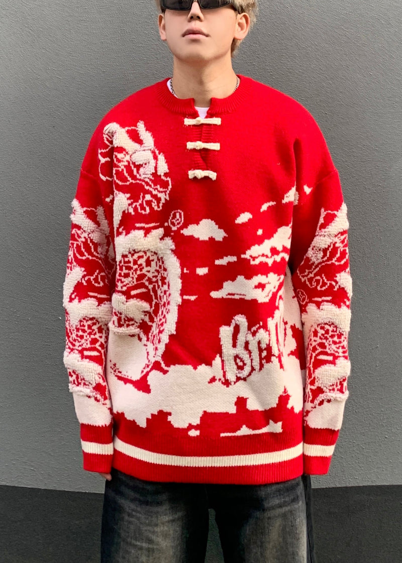 New Red Button Patchwork Knit Sweaters Spring
