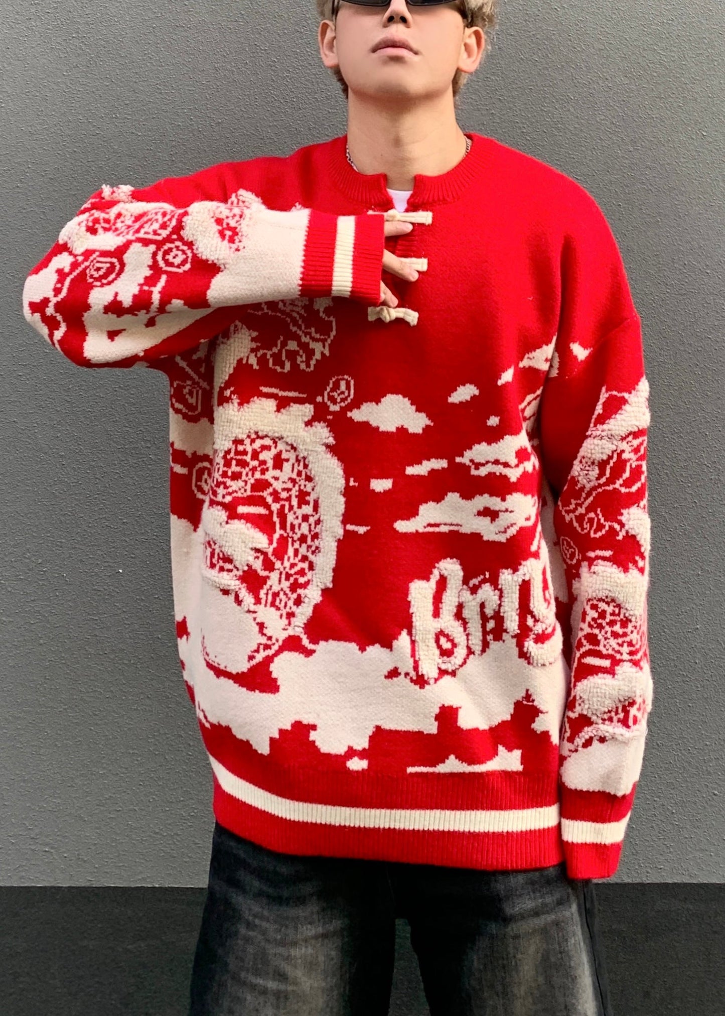 New Red Button Patchwork Knit Sweaters Spring