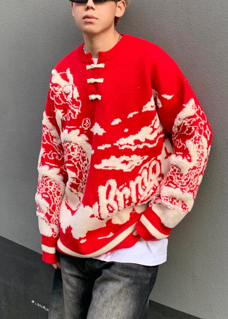 New Red Button Patchwork Knit Sweaters Spring