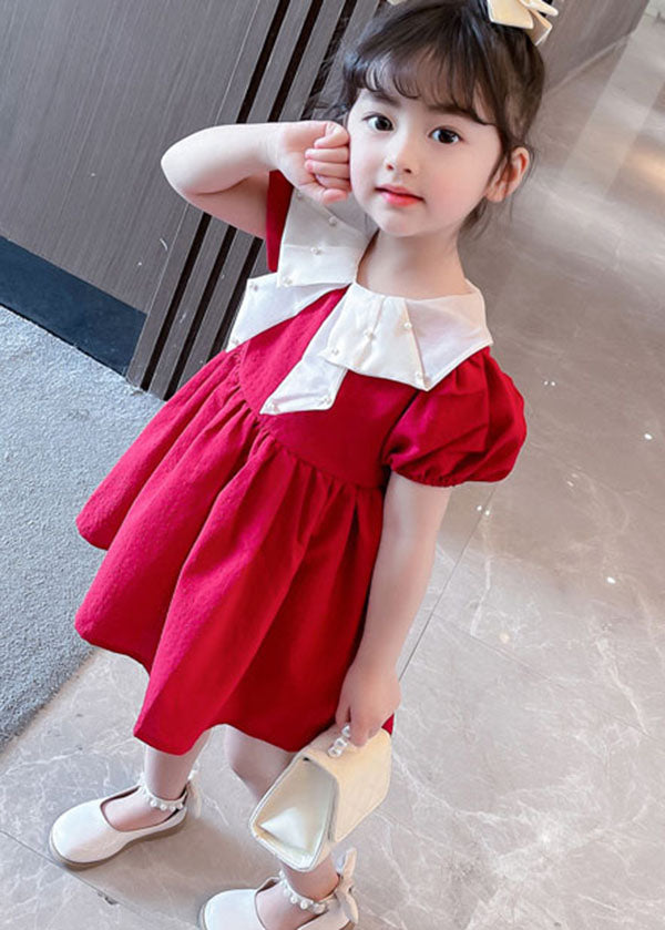 New Red Nail Bead Wrinkled Patchwork Cotton Baby Dress Summer