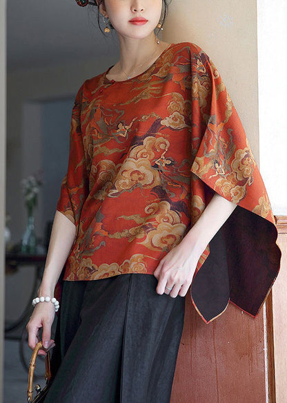 New Red O-neck Print Silk T Shirt Half Sleeve