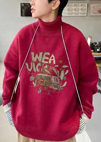 New Red Print Cozy Knit Sweaters Turtleneck Winter