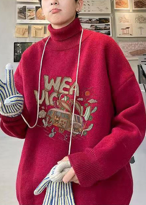 New Red Print Cozy Knit Sweaters Turtleneck Winter