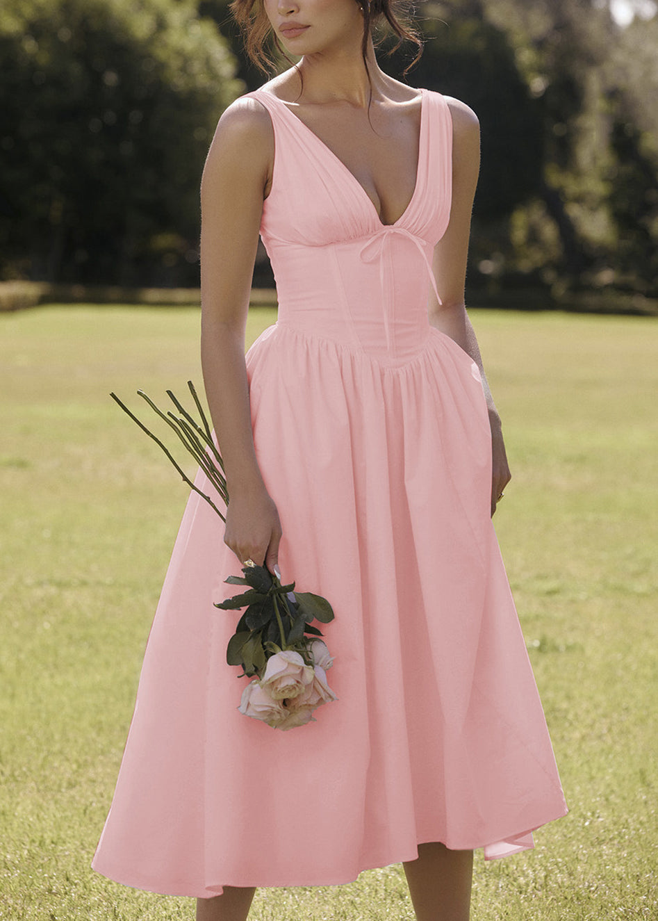 New Red V Neck High Waist Cotton Dresses Sleeveless