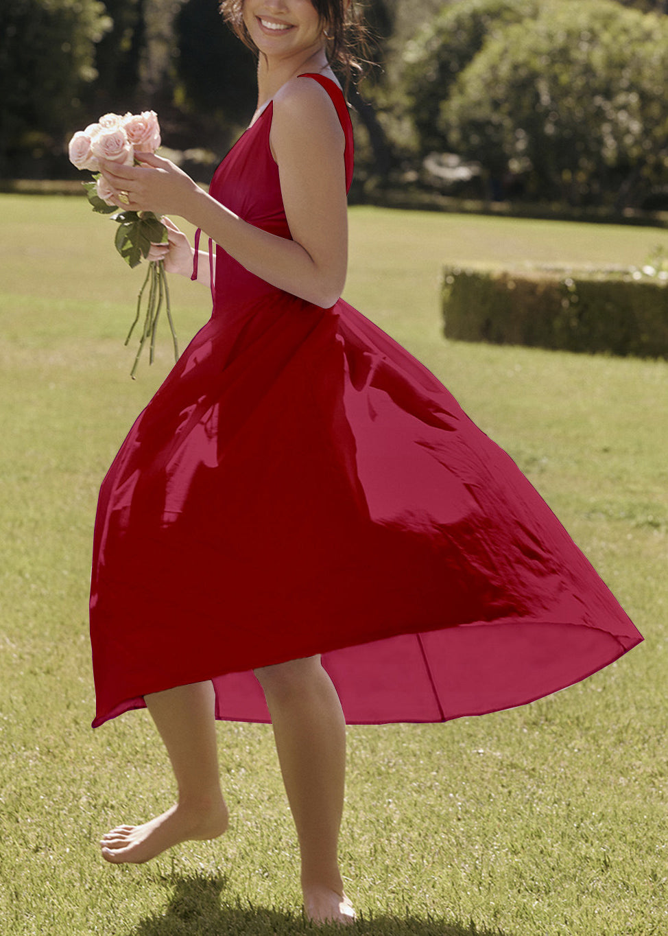 New Red V Neck High Waist Cotton Dresses Sleeveless