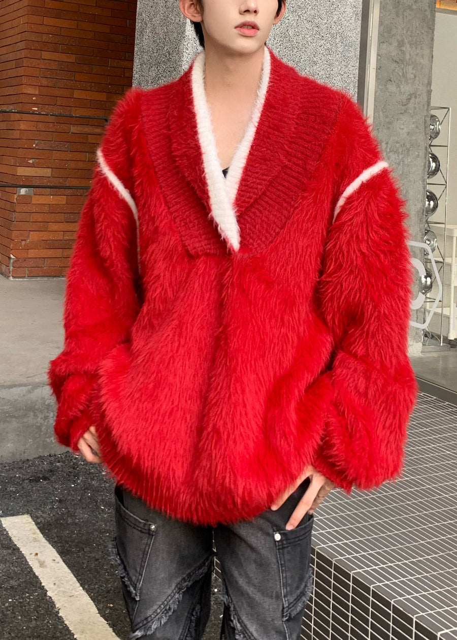 New Red V Neck Thick Patchwork Ma Hai Mao Sweaters Fall