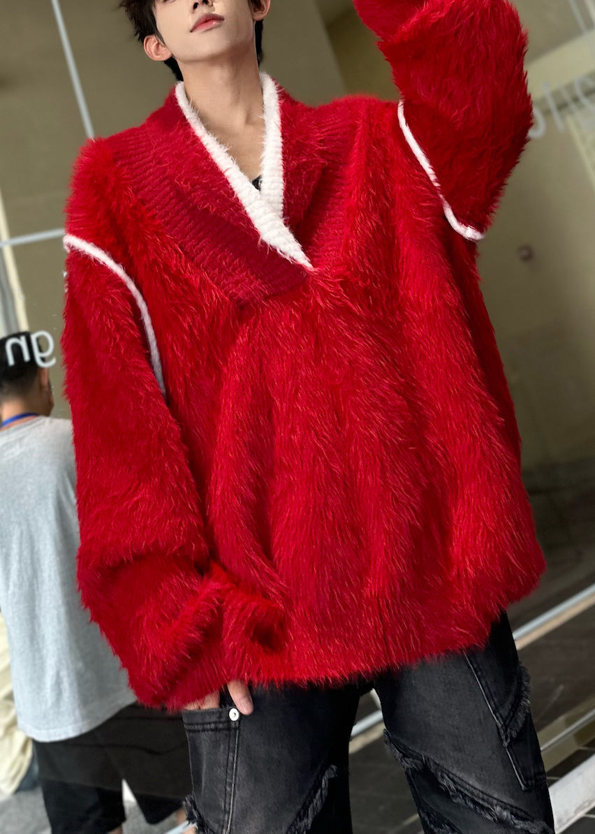 New Red V Neck Thick Patchwork Ma Hai Mao Sweaters Fall