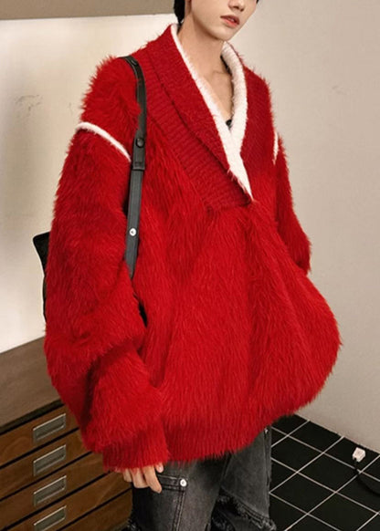 New Red V Neck Thick Patchwork Ma Hai Mao Sweaters Fall