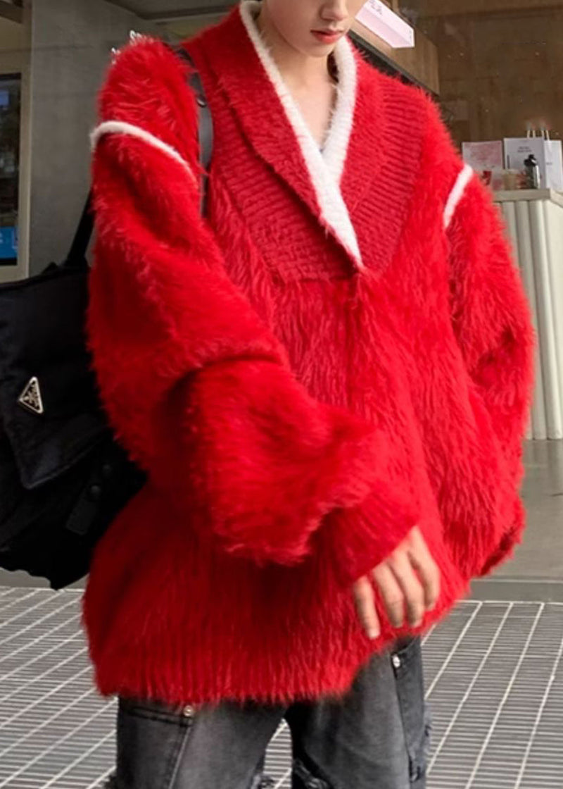 New Red V Neck Thick Patchwork Ma Hai Mao Sweaters Fall