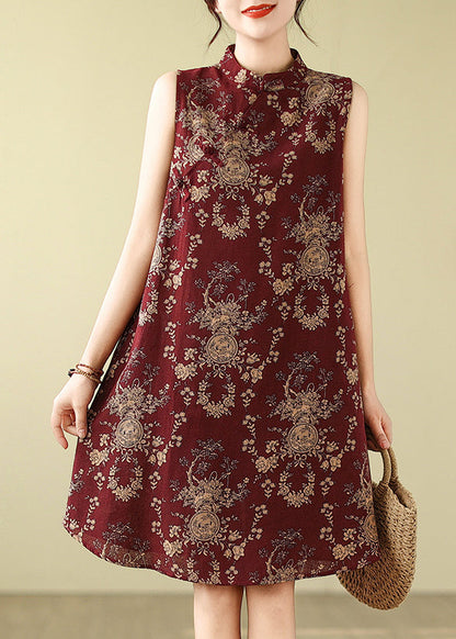 New Retro Mulberry Mandarin Collar Print Cotton a Line Dress Sleeveless