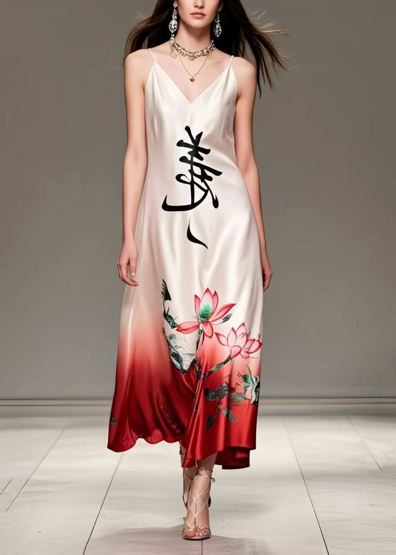 New Retro White V Neck Print Silk Spaghetti Strap Dress Summer