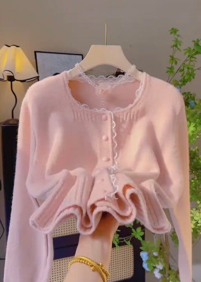 New Rose Lace Patchwork Knit Cardigans Winter