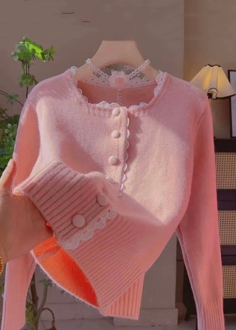 New Rose Lace Patchwork Knit Cardigans Winter
