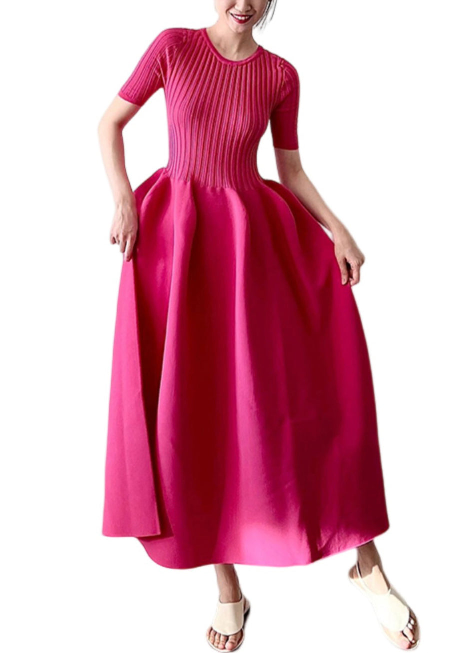 New Rose O Neck Knit Long Dresses Half Sleeve