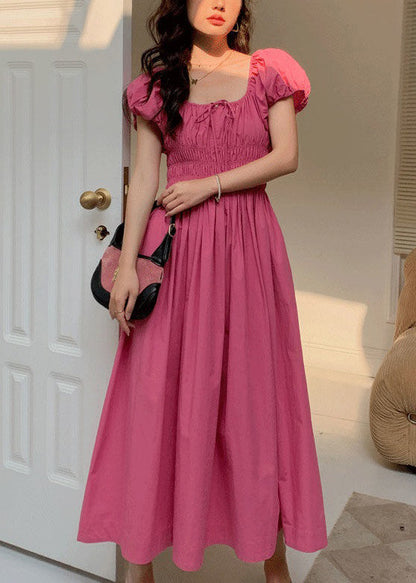 New Rose Lace Up Wrinkled Cotton Long Dress Short Sleeve