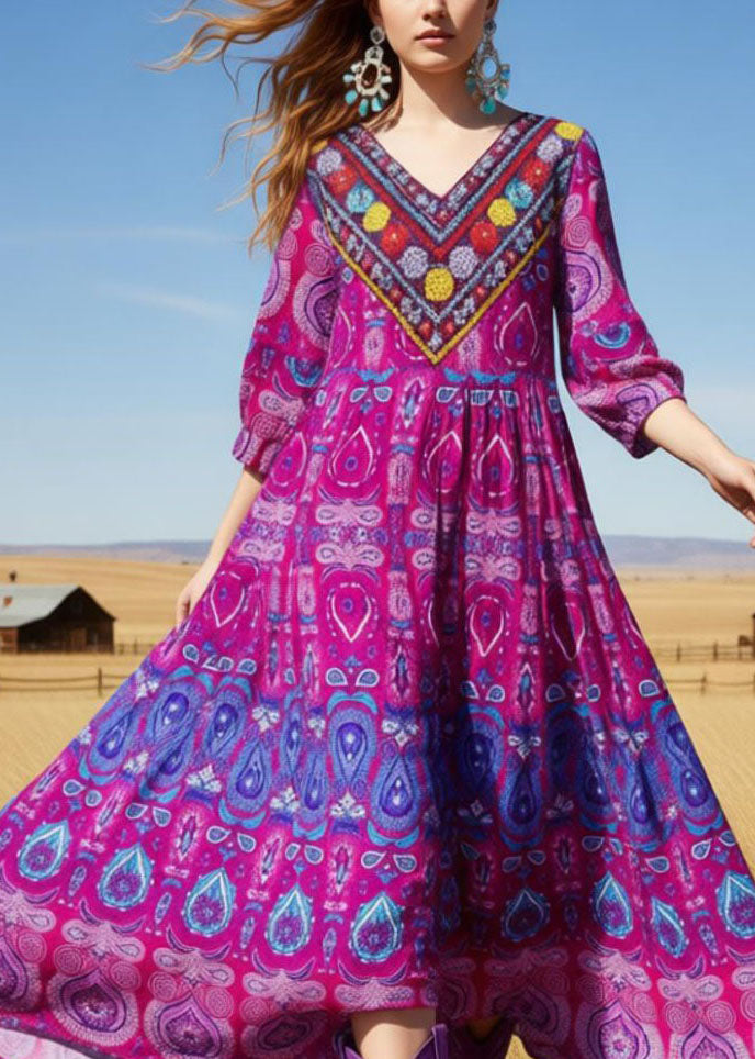 New Rose V Neck Print Cotton Long Dresses Summer